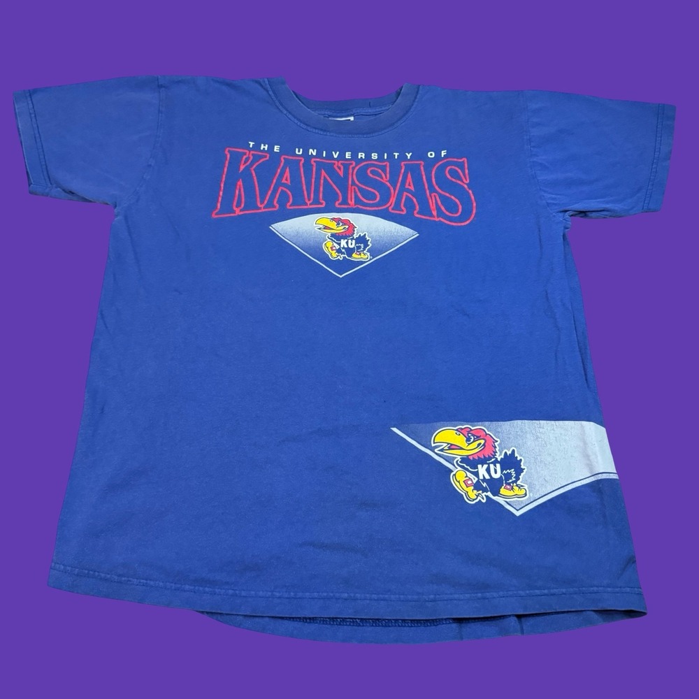 Kansas Jayhawks Mens XL T Shirt Blue Logo Vintage Y2K NCAA College Baseball